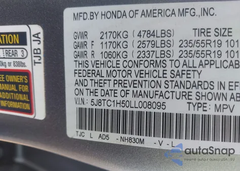 2020 Acura Rdx Technology Package z USA, uszkodzony, nr VIN 5J8TC1H50LL008095